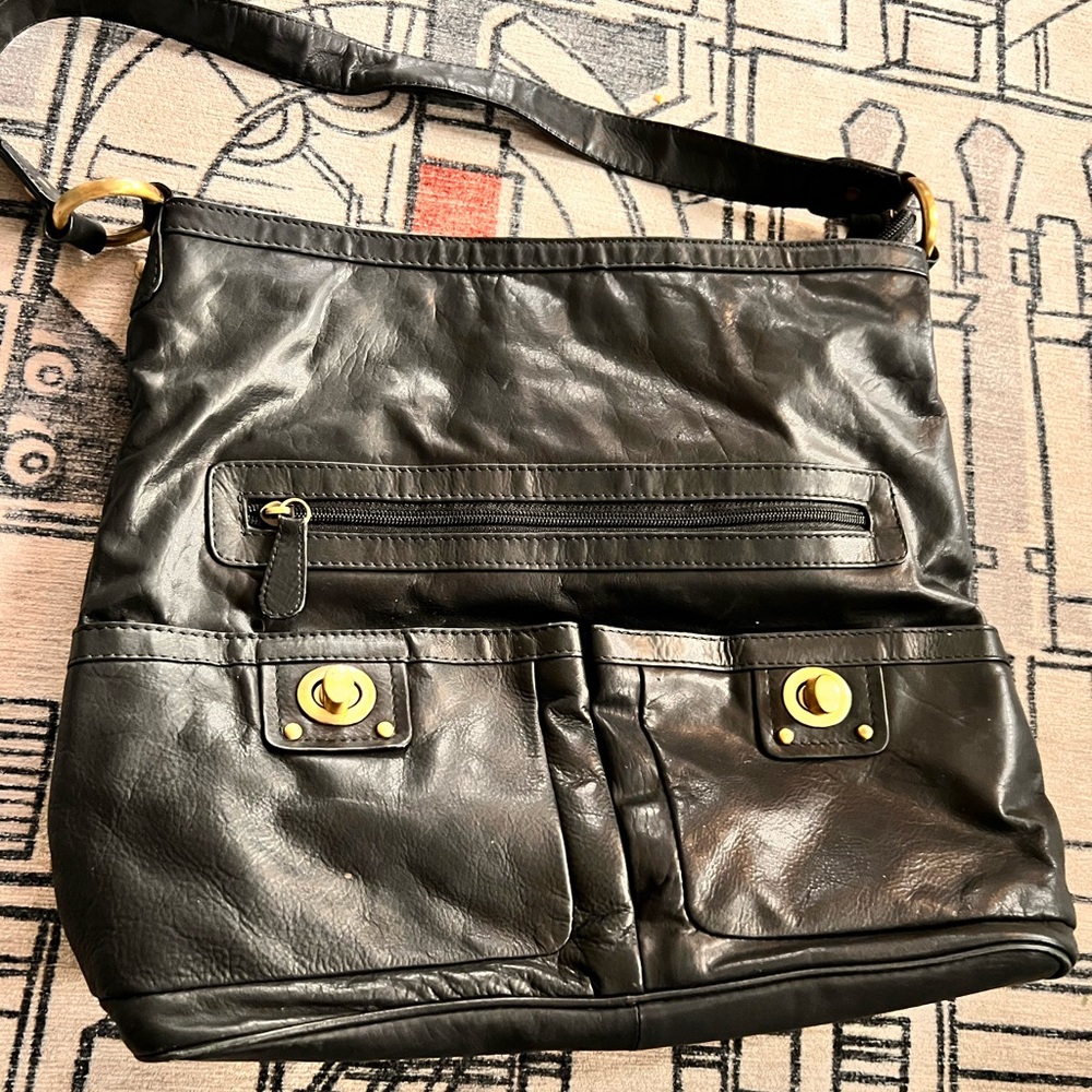 Beautiful supple vegan black leather shoulder bag with gold tone